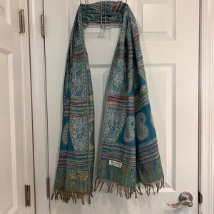 Pashmina Silk Blend Paisley Scarf Teal Blue Gold Metallic Shimmer Fringed Shawl